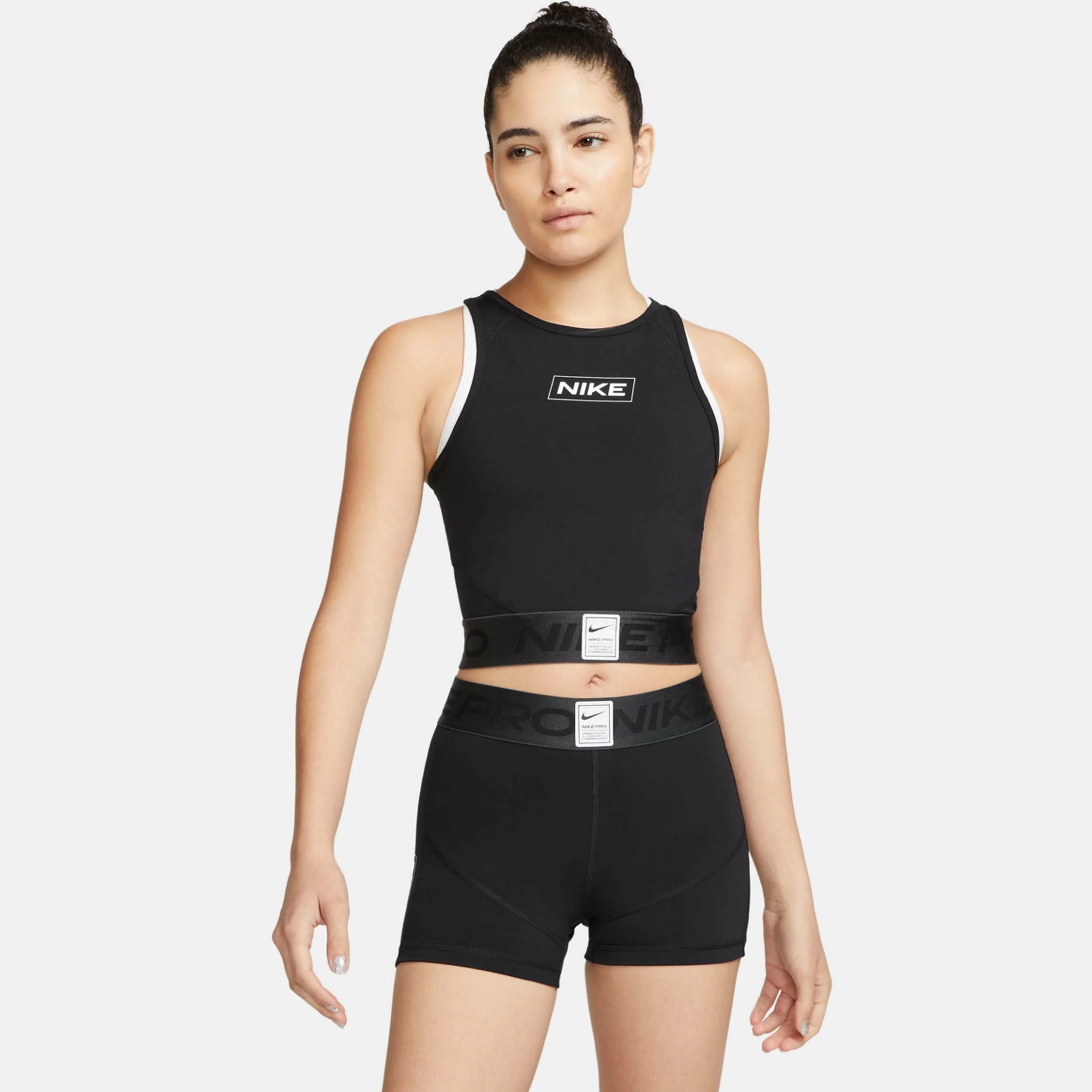 Nike Women's Pro Dri-FIT Graphic Crop Tank, Black/Smoke 1 Nike Women's Pro Dri-FIT Graphic Crop Tank, Black/Smoke